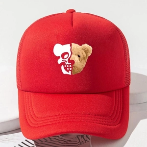 Red cartoon bear skull trucker hat with breathable mesh back for outdoor casual style