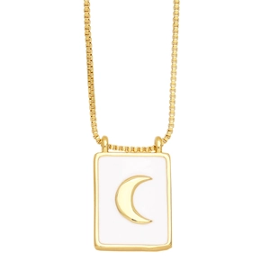 Minimalist gold necklace with a rectangular white enamel pendant featuring a crescent moon