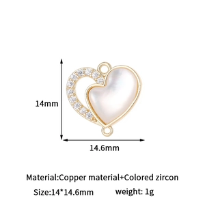 Detailed gold heart pendant with shell inlay and zircon accents, size 14x14.6mm