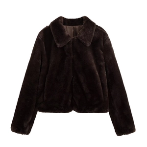 Damen Kunstpelz Jacke Braun Langarm Reißverschluss Revers Kurz Plüschmantel Lässig Einfarbig Mode Oberbekleidung