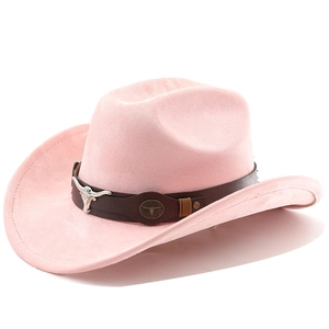 Detail of pink western cowboy hat with leather band and silver bull head ornament