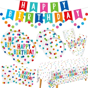Colorful polka dot birthday party tableware set with Happy Birthday banner and plates