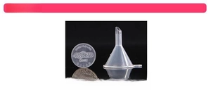Mini plastic liquid funnel size comparison with a coin showing the compact 25mm diameter