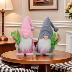 Pink and grey tulip gnome plush dolls set on a wooden table for home decoration