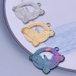 Detailed view of stainless steel bird pendants in silver, gold, and rainbow finishes