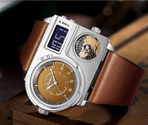Detail of Oulm oversized dual-timezone watch dial on a premium dark wood background