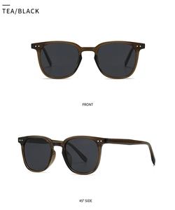 Front and side view of tea brown round polarized sunglasses with silver rivets