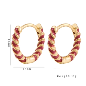 Minimalist 15mm twisted gold hoop earrings with dark red enamel inlays for women