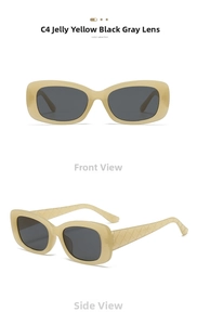 Detail view of yellow jelly frame sunglasses with quilted texture temples and dark lenses
