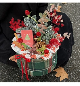 Detail of a Christmas plaid gift box with pine branches, pinecones and a red velvet bow