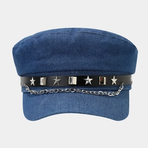 Retro denim baker boy hat with silver star studs and metal chain detail for women