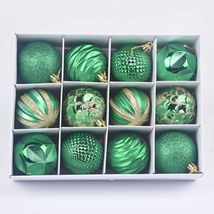 Detail of 12pcs green and gold Christmas ornaments with glitter and embossed textures