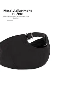 Detail of adjustable metal buckle and breathable ripstop nylon fabric on a black cap