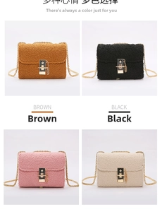 Detail of four faux fur crossbody bags with metal chains in brown, black, pink and cream