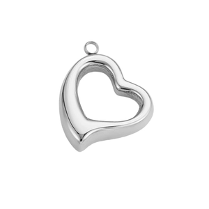 Detailed view of silver heart-shaped pendant with polished finish and hollow design
