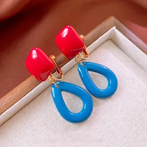 Retro red and blue drop square clip-on earrings with gold-plated finish for women