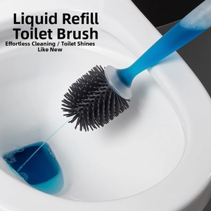 Detail showing blue cleaning liquid flowing through silicone toilet brush bristles