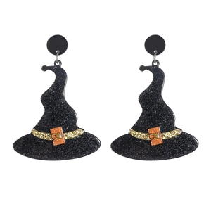 Boucles d'oreilles chapeau de sorcière en acrylique noir pailleté pour Halloween