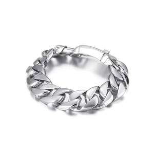Polished silver stainless steel chunky Cuban chain bracelet for men in hip hop style