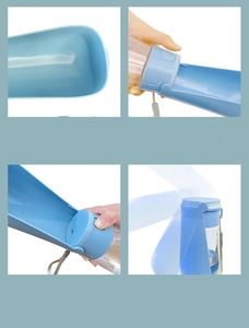Detail of portable pet water bottle showing foldable 180-degree sink and one-click operation
