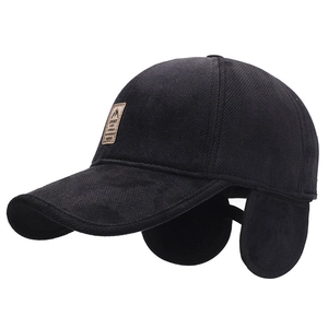Men's winter black baseball cap with fleece lining, ear flaps and SPORT leather patch
