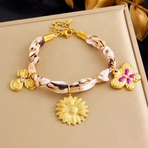 Bracelet Ruban De Satin Tissé Acier Inoxydable Plqué Or Pendentifs Papillon Tournesol Fleur Bijoux Floraux Bohème Pour Femmes