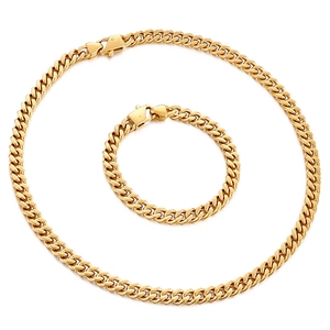 Polished golden Cuban link chain necklace and bracelet set for men in minimalist hip hop style