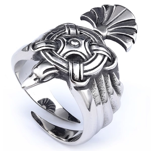 Nordic sun bird totem ring in vintage stainless steel with intricate viking carvings