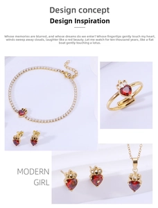 Detail of gold titanium steel jewelry set featuring heart zircon crowns and tennis bracelet