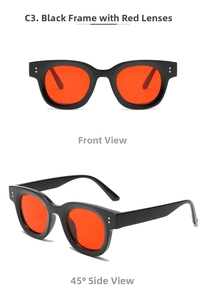 Front and 45-degree angle view of oval black frame sunglasses with vibrant red lenses