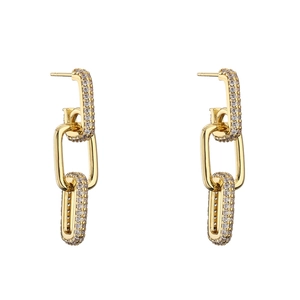 Gold-plated rectangle chain earrings with sparkling cubic zirconia on white background