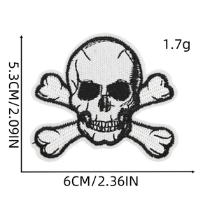 Classic black and white skull and crossbones embroidered patch measuring 6x5.3cm with glue