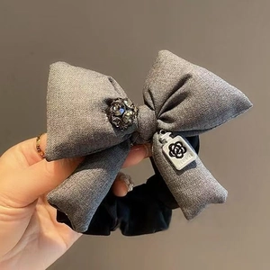 Large Fabric Bow Scrunchie With Rhinestone Ball And Metal Tag High Elasticity Hair Tie Fashion Headwear For Women