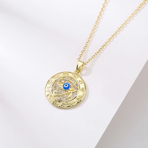 18K gold plated necklace featuring an Evil Eye pendant with cubic zirconia and blue enamel