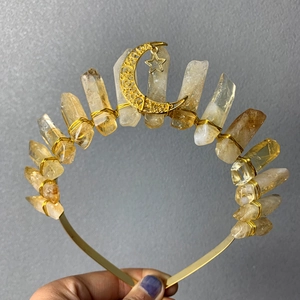 Handmade golden moon and star crown headband featuring natural yellow citrine crystals
