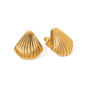 Elegant 18k gold plated shell shaped stainless steel stud earrings on white background