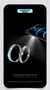Luminous 925 silver rings with star moon design showing blue glow in dark detail