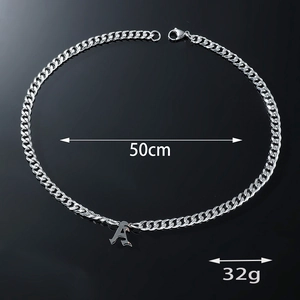 Silver stainless steel Cuban link necklace with Gothic letter A pendant, 50cm long