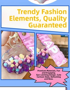 Close-up of shell liquid keychain with colorful beads and pink HAPPY rubber strap