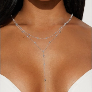 Elegant double-layered silver Y-shaped necklace with sparkling round zircon stones