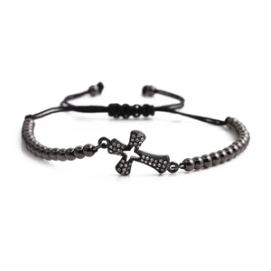 Fashionable adjustable black beaded bracelet featuring a zircon-inlaid cross pendant