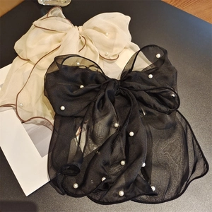 Elegant oversized chiffon bow hair clips with pearls in black and beige colors