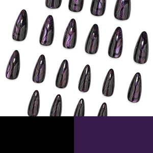 Faux ongles amande œil de chat avec effet marbré noir et violet profond