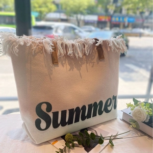 Große Sommer Quasten Strandtasche Canvas Gewebt Tragetasche Mit Ledergriffen Farbverlauf Fransen Reisetasche Für Damen