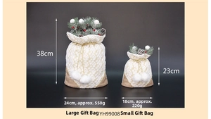 Detailed size comparison of festive burlap Christmas gift bags with snowflake patterns