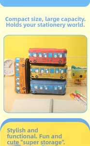 Detail view of large capacity school bus pencil cases in red, blue, and yellow canvas
