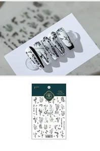 Détail des stickers ongles TS-1538 avec motifs de bambou et libellule à l'encre
