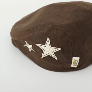 Vintage brown cotton beret for kids with white star patches and retro stitching