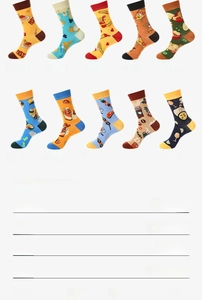 Detailed size chart for crew socks featuring 10 creative food patterns like pizza and fries