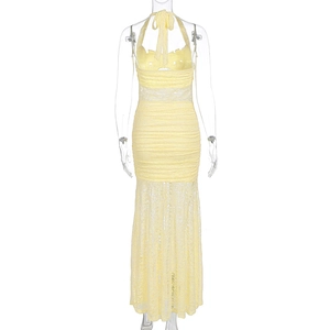 Detail of the back tie-up neck and ruched lace pattern on a yellow maxi dress